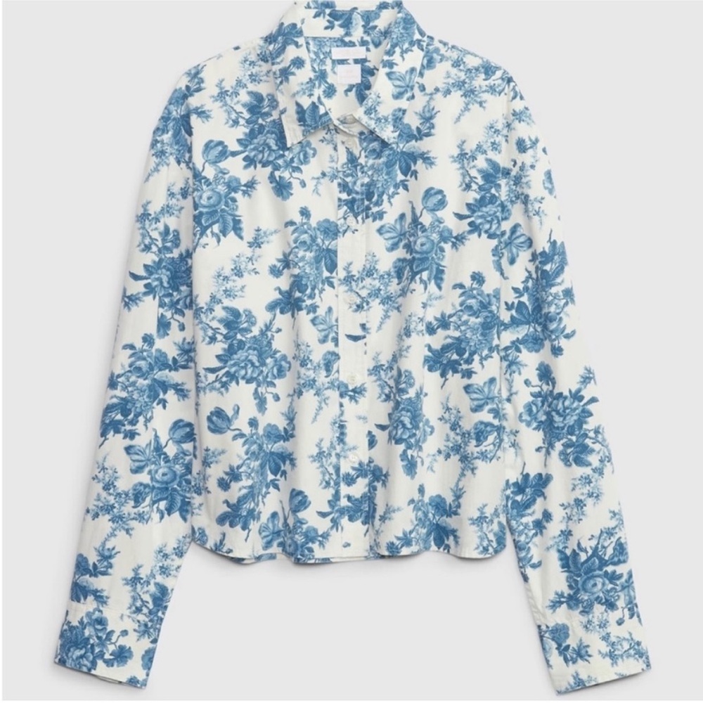 GAP X LOVE SHACK FANCY Cropped Shirt Blue Toile Floral, Size M Medium